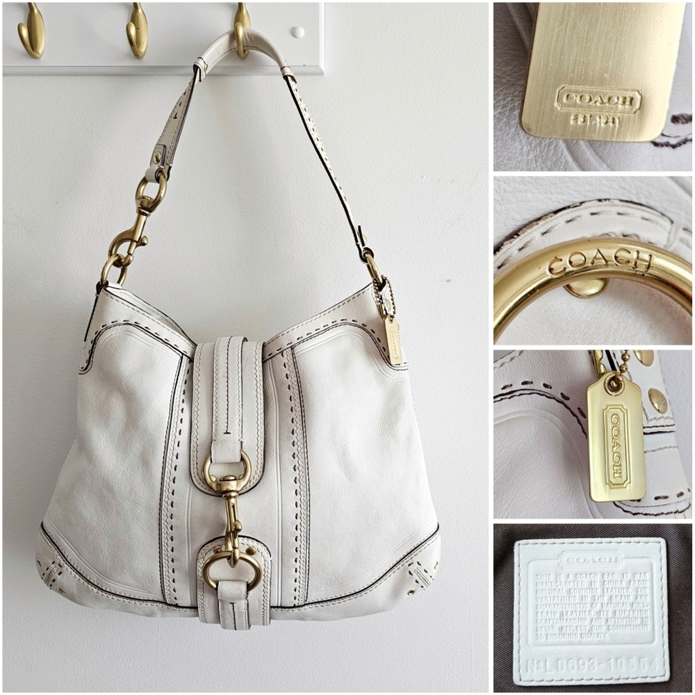 Vintage Coach Ivory Leather Soho Buckle Hobo Shoulder Bag Gold Hardware Purse